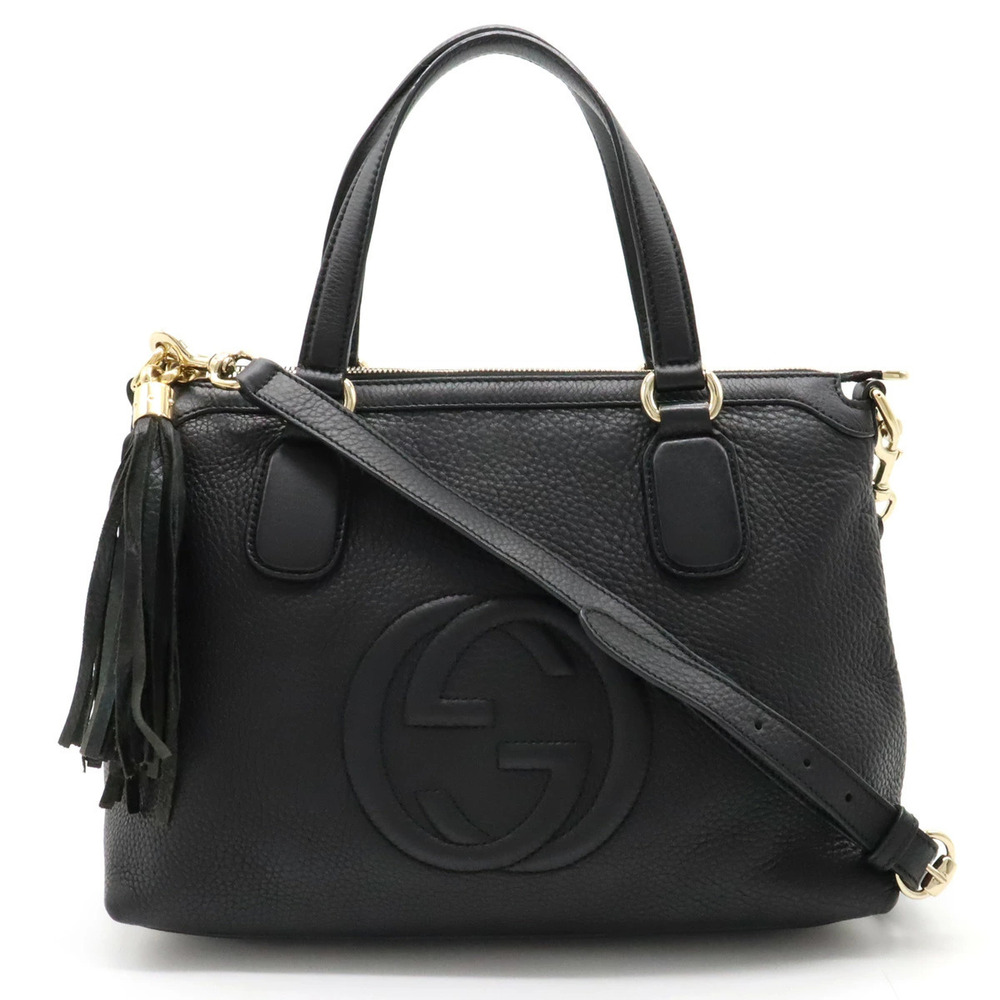 Gucci Soho Interlocking G Handbag Tote Bag Shoulder Tassel Fringe Leather Black